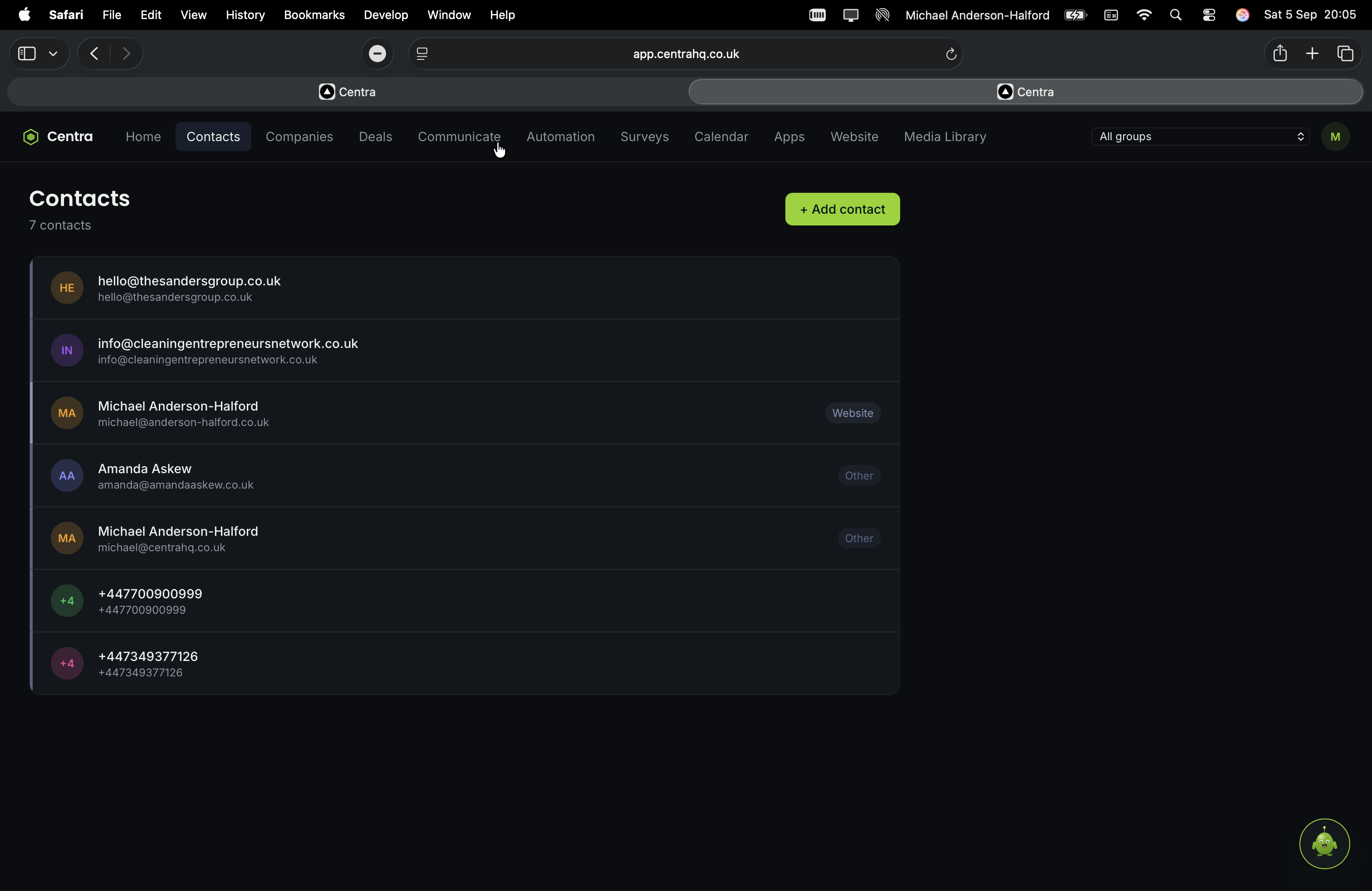 Contact detail view in Centra showing conversation history and deal status
