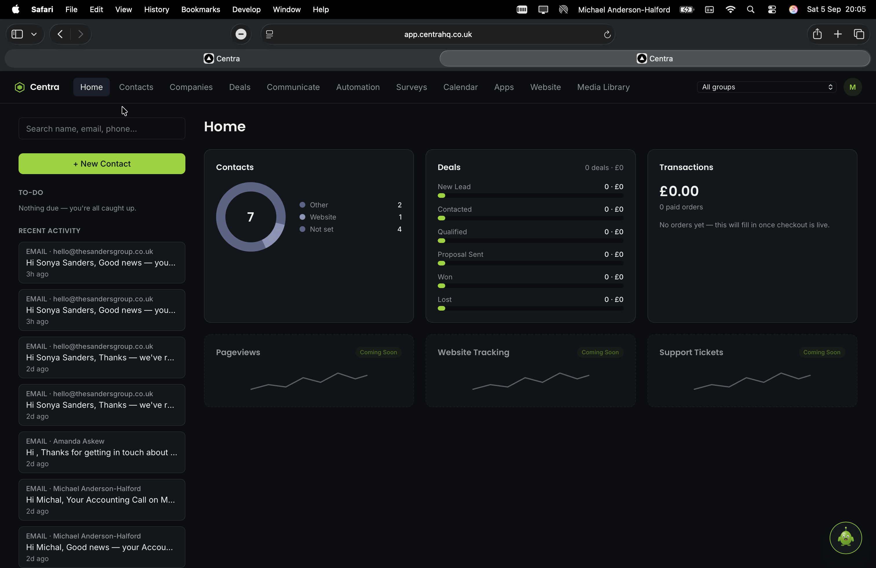 Deals pipeline view in Centra showing stages and open opportunities